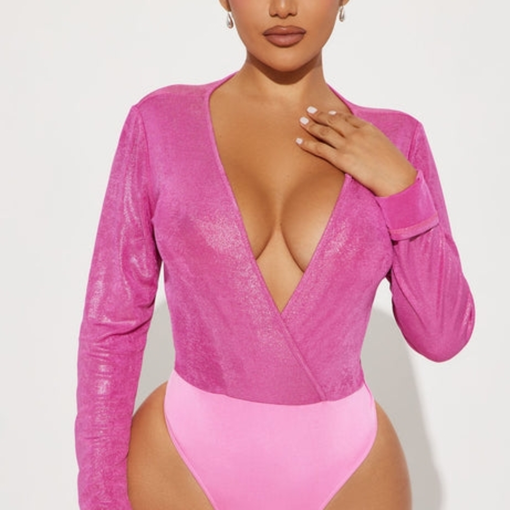 Fashion Nova Curve Shine And Shimmer Pink Wrap Bodysuit 1X
